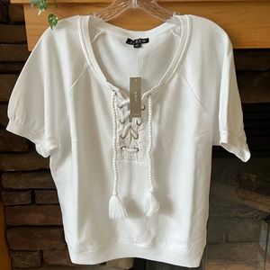 NWT J Crew University Short Sleeve White Lace Up Sweatshirt.  Size Small New!!